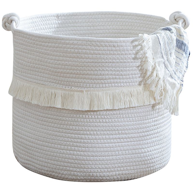 Ornavo Home Medium Round Woven Cotton Rope Boho Tassels Storage Basket