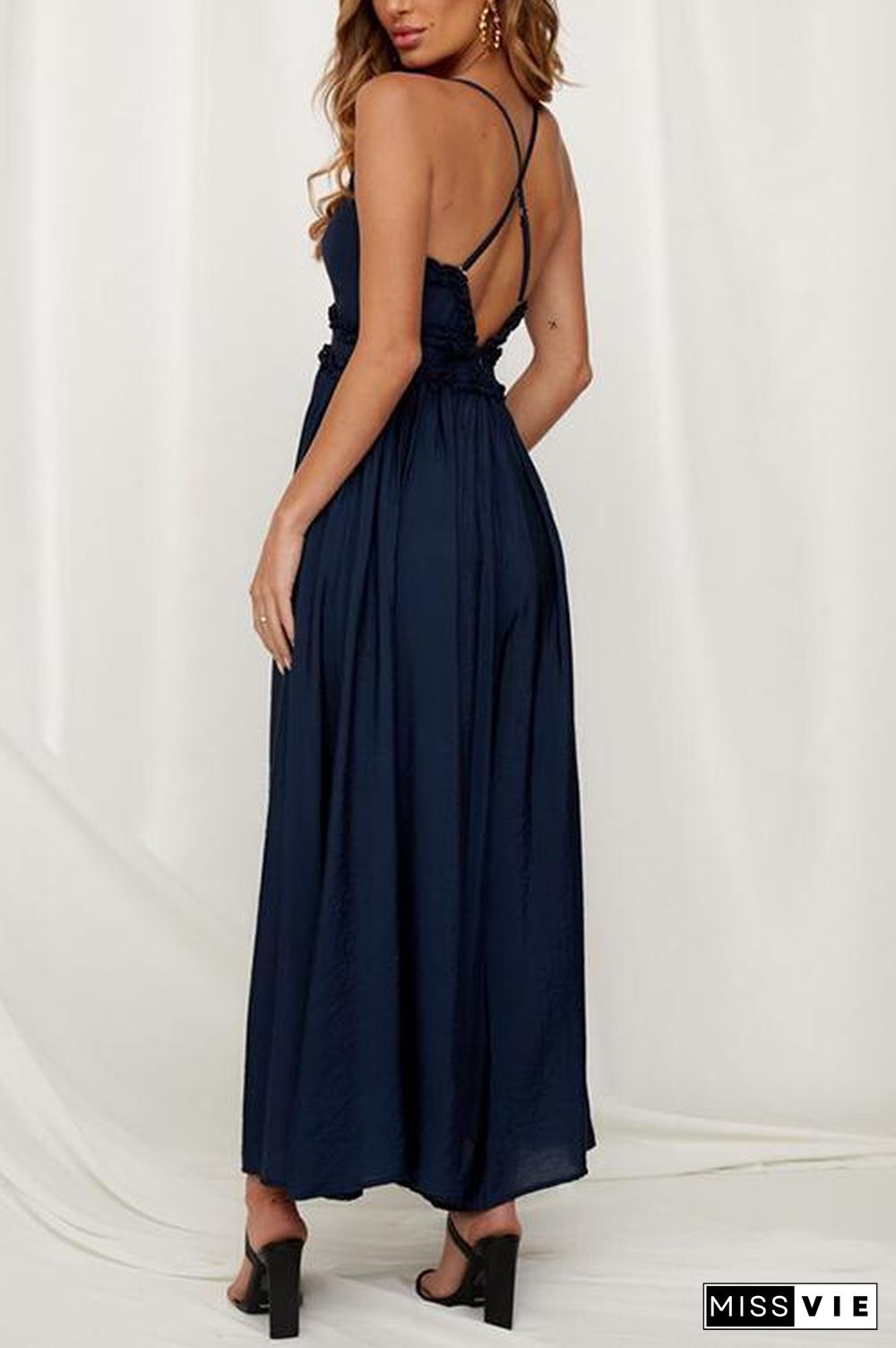 Ruffles V Neck Backless Slip Jumpsuits