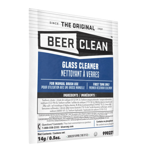 Diversey Beer Clean Glass Cleaner， Powder， 0.5 oz Packet， 100/Carton (990221)