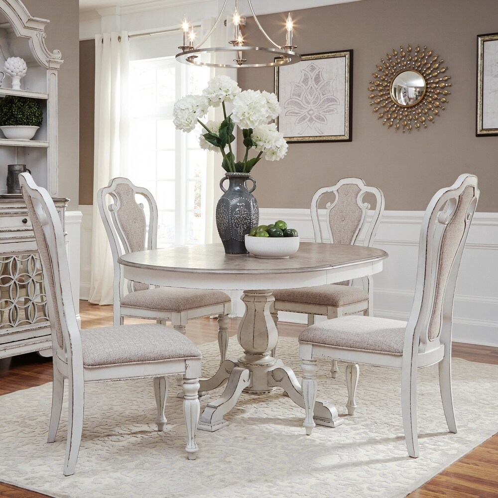 Magnolia Manor Antique White Opt 5 Piece Pedestal Table Set