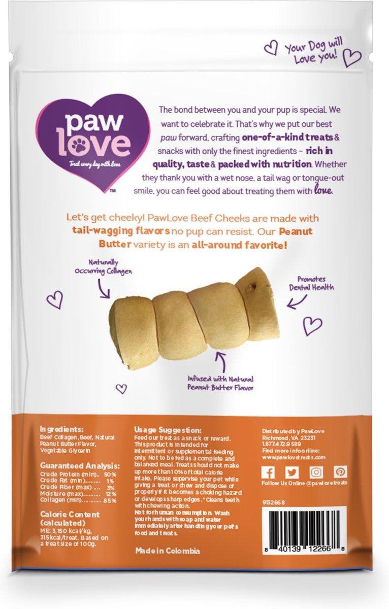 PawLove 5-in Peanut Butter Beef Collagen Cheeks Dog Treat