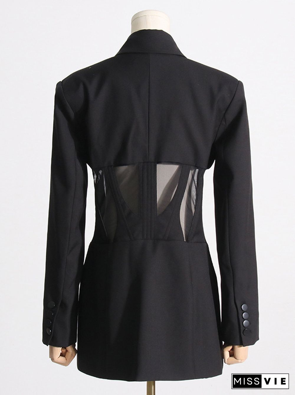 Long Sleeves Buckle Gauze See-Through Solid Color Split-Joint Notched Collar Blazer