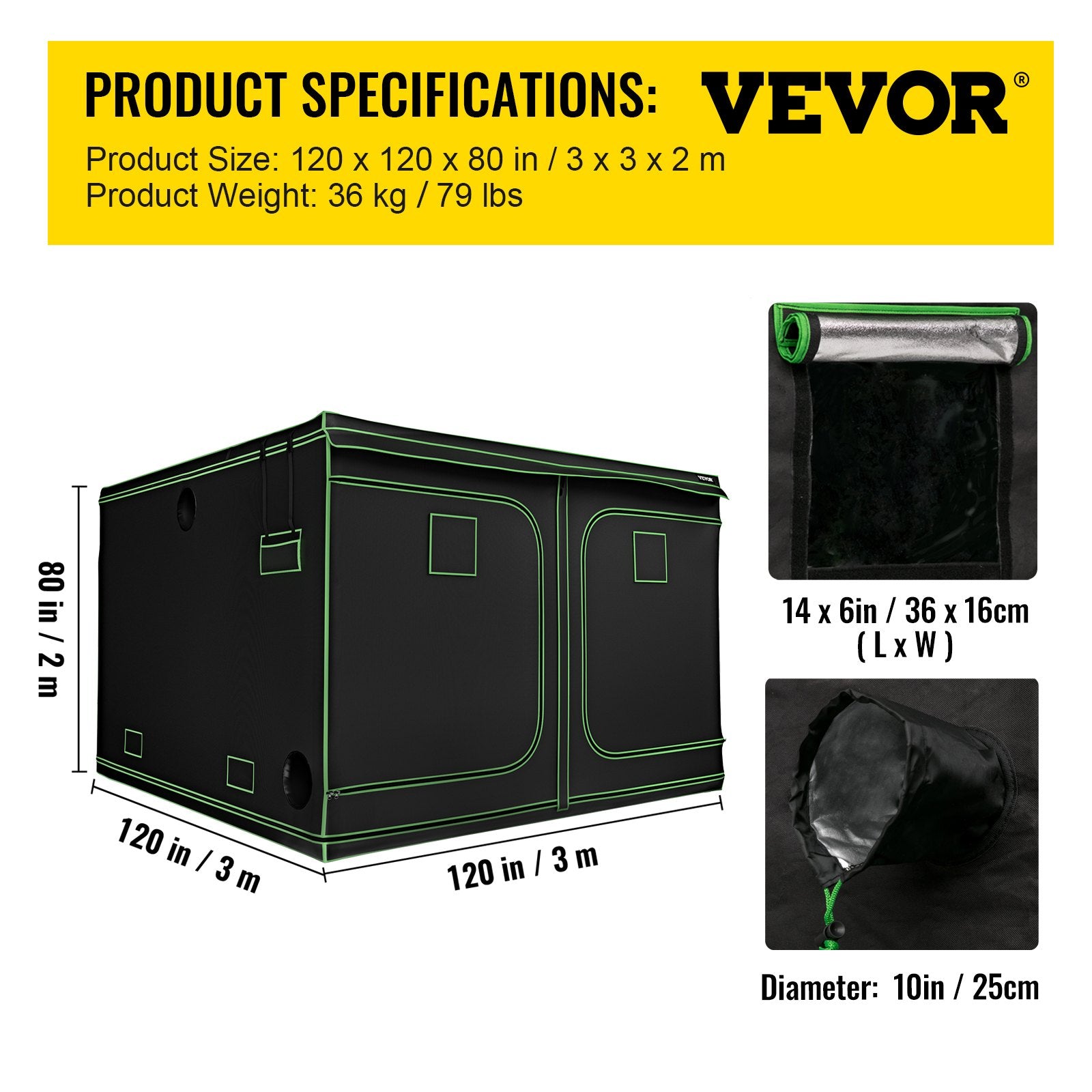 10'x10' Grow Tent for Indoor Plant Growing with Observation Windows and Removable Floor Tray， 120