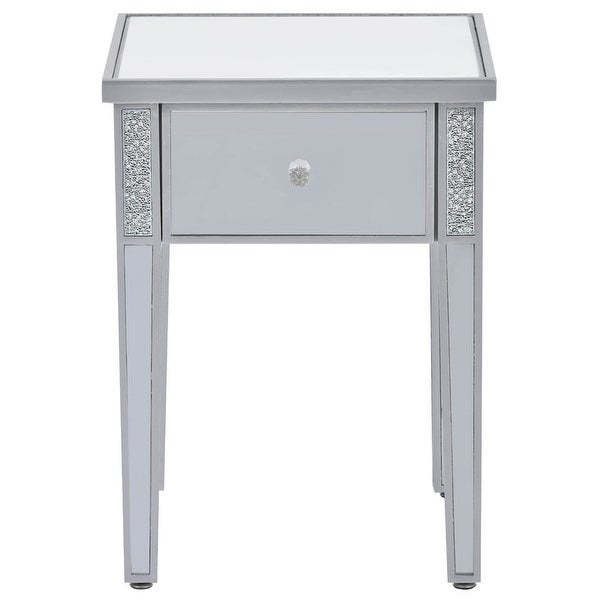 Modern Glass Mirrored End Table with Drawer， Corner Table with Crystal Handles and Adjustable Height Legs