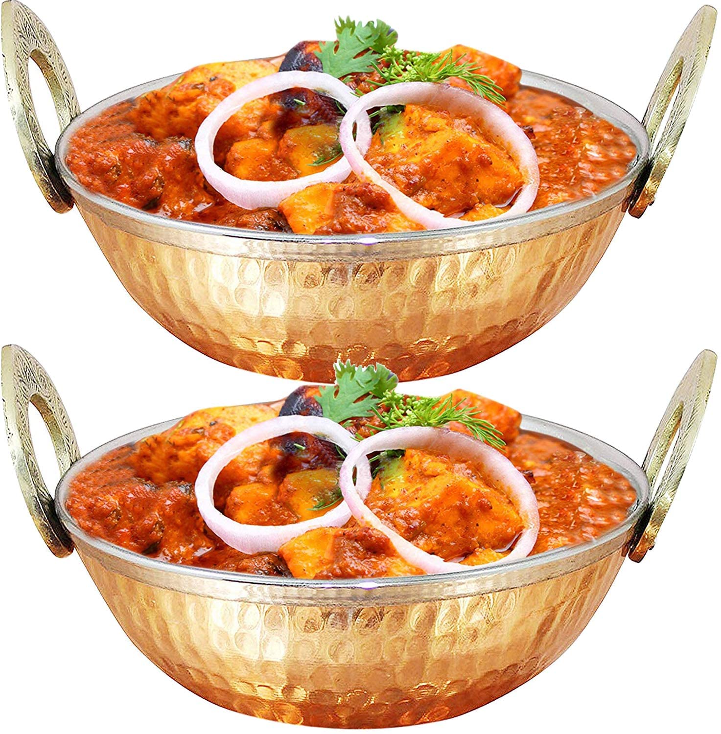 Zap impex Set of 2， Copper Stainless Steel Serve Ware Copper Bowls with Handle Serving Bowl Indian Dishes Karahi (15 cm)