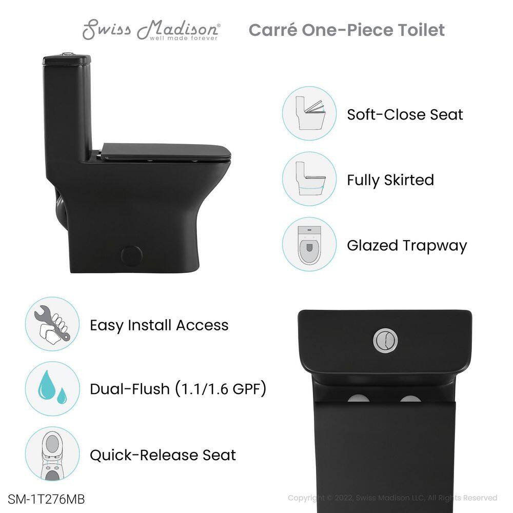 Swiss Madison Carre 10 in. Rough-In 1-piece 1.11.6 GPF Dual Flush Square Toilet in Matte Black Seat Included SM-1T276MB