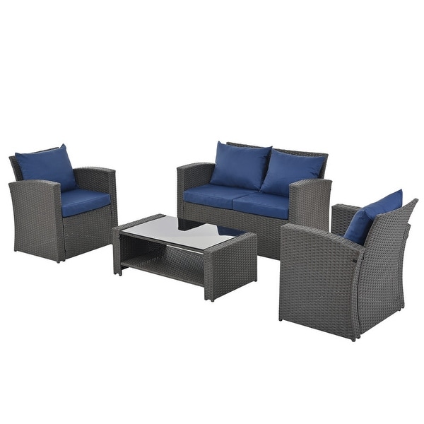 Outdoor Patio Furniture Rattan Outdoor Sofa Set Tempered Glass Table 4 Pillows Shelves Storage Waterproof Fabric