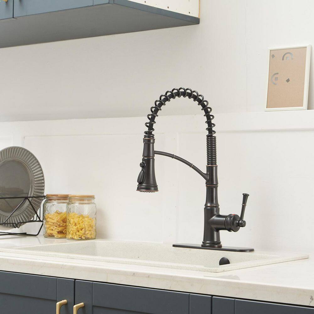 BWE Single-Handle Pull-Down Sprayer 3 Spray High Arc Kitchen Faucet With Deck Plate in Oil Rubbed Bronze A-94558-ORB