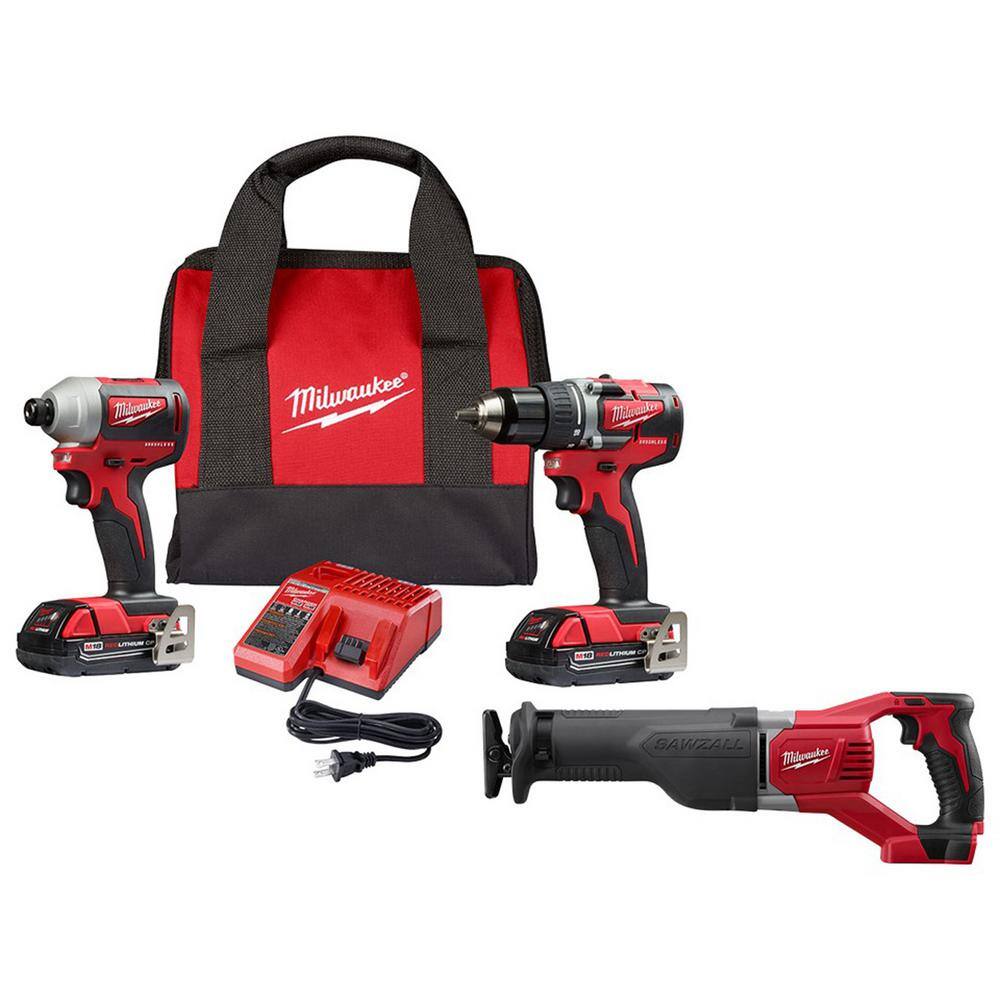 MW M18 18V Lithium-Ion Brushless Cordless Compact DrillImpact Combo Kit (2-Tool) with Reciprocating Saw 2892-22CT-2621-20