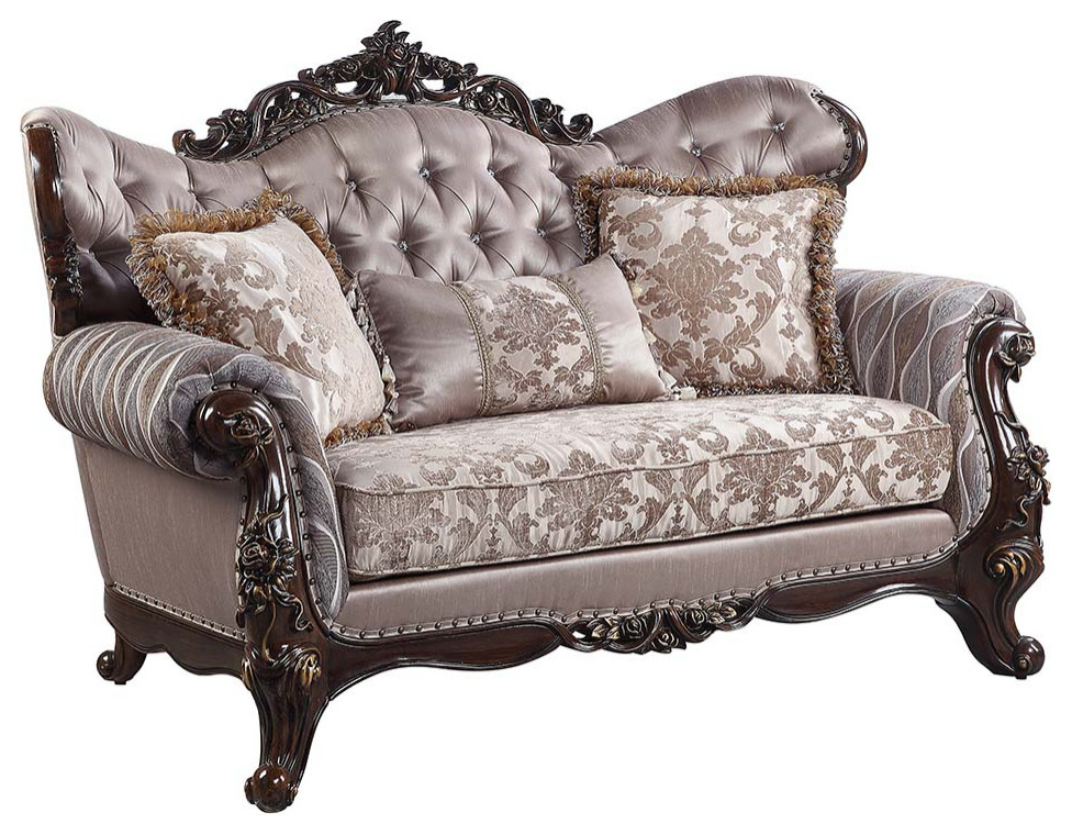 Acme Benbek Loveseat With 3 Pillows Fabric and Antique Oak Finish   Victorian   Loveseats   by AMOC  Houzz