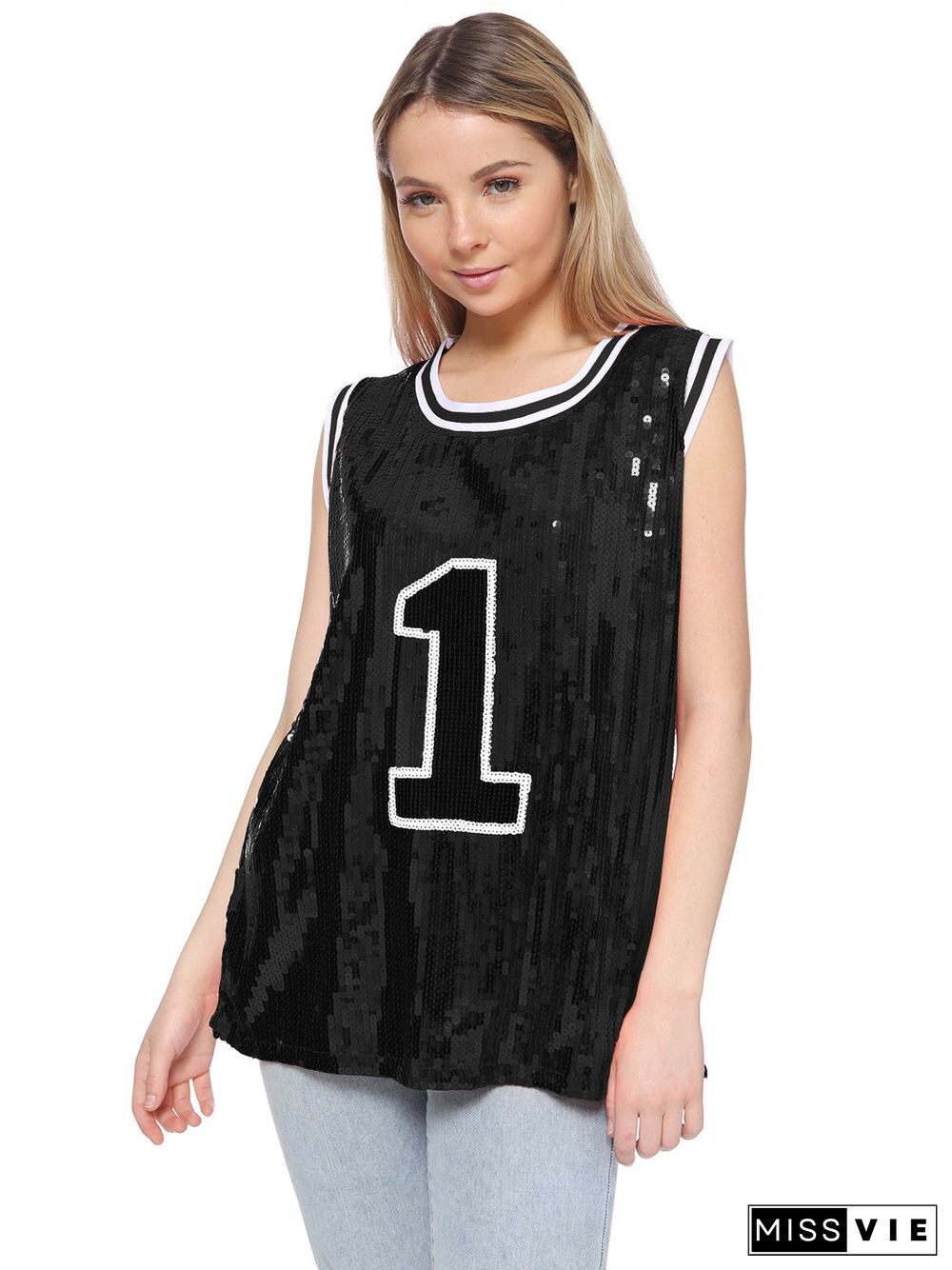 Sparkle Glitter Hip Hop Number 1 T-Shirt Top Blouse Tunic Sequins Basketball Tank Vests