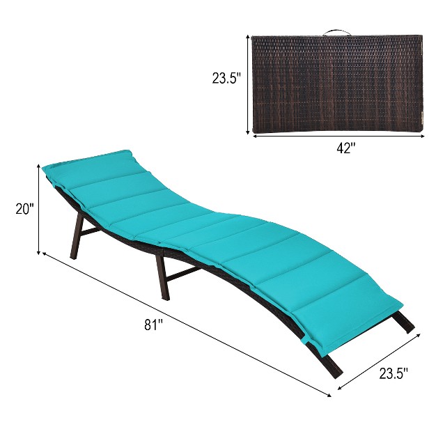 Tangkula 2pcs Outdoor Patio Rattan Wicker Lounge Chair Chaise Folding W cushions Turquoise