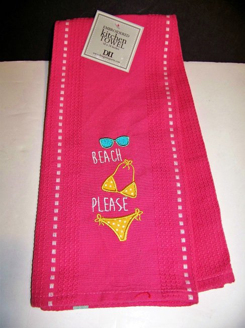 Kitchen Towel PINK Embroidered Bikini BEACH PLEASE 18 x 28