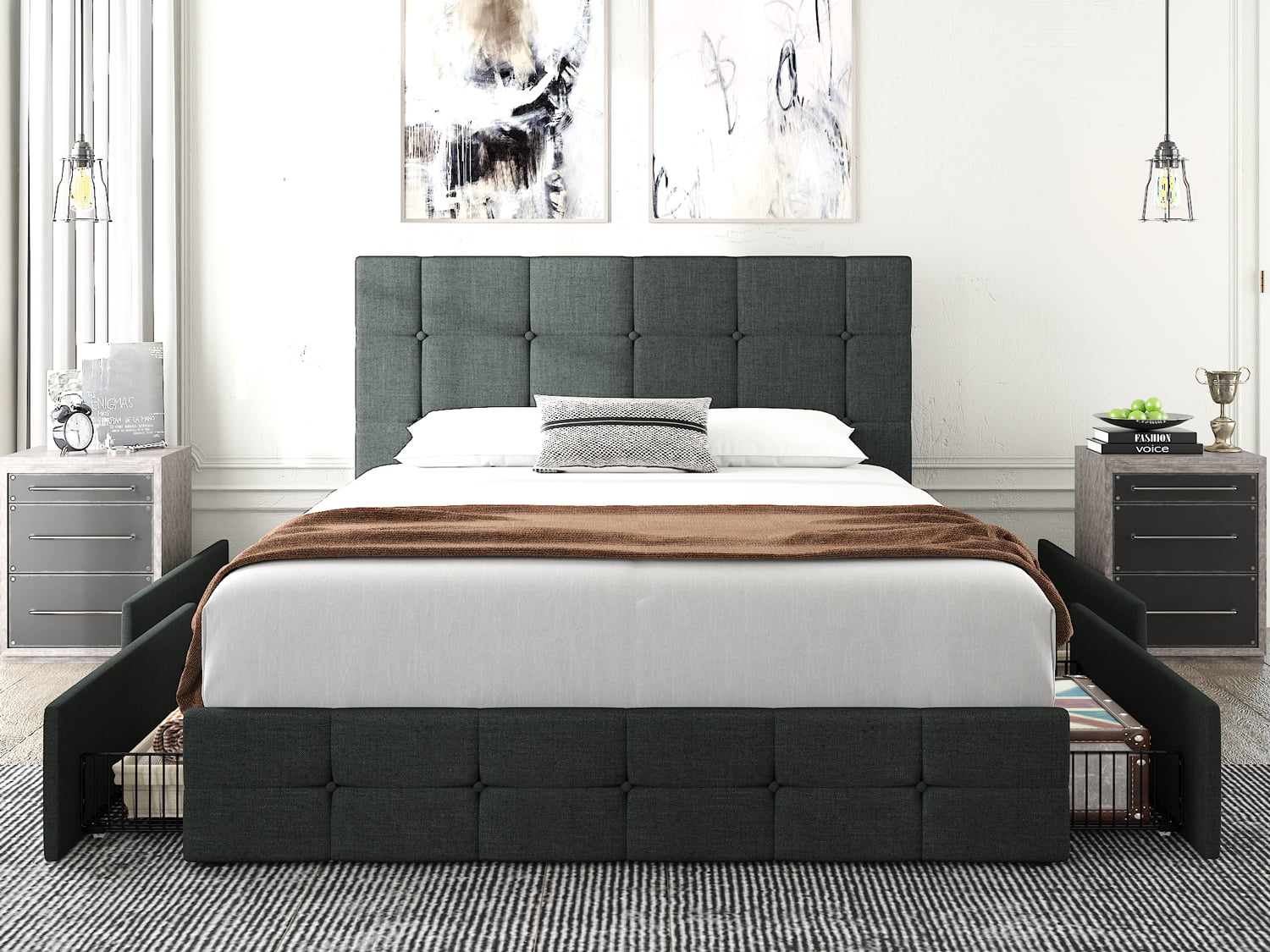 Amolife Queen Size Platform Bed Frame with Headboard and 4 Storage Drawers, Button Tufted Style, Dark Grey, Mattress Not Included