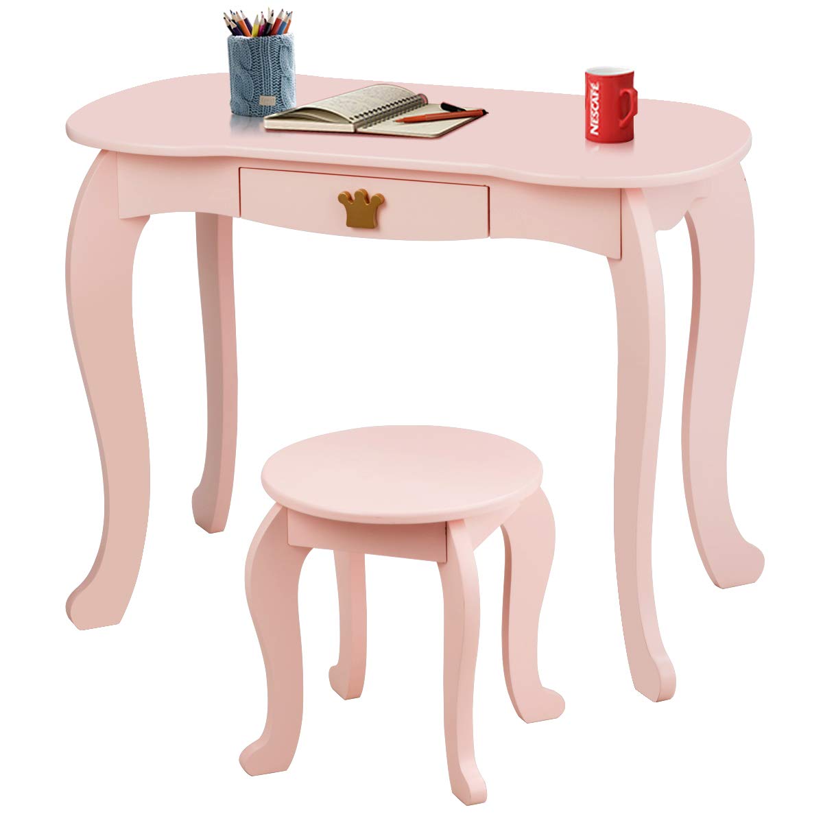 Costzon Kids Vanity Table and Chair Set,2 in 1 Vanity Set with Detachable Top, Pretend Beauty Play Vanity Set for Girls