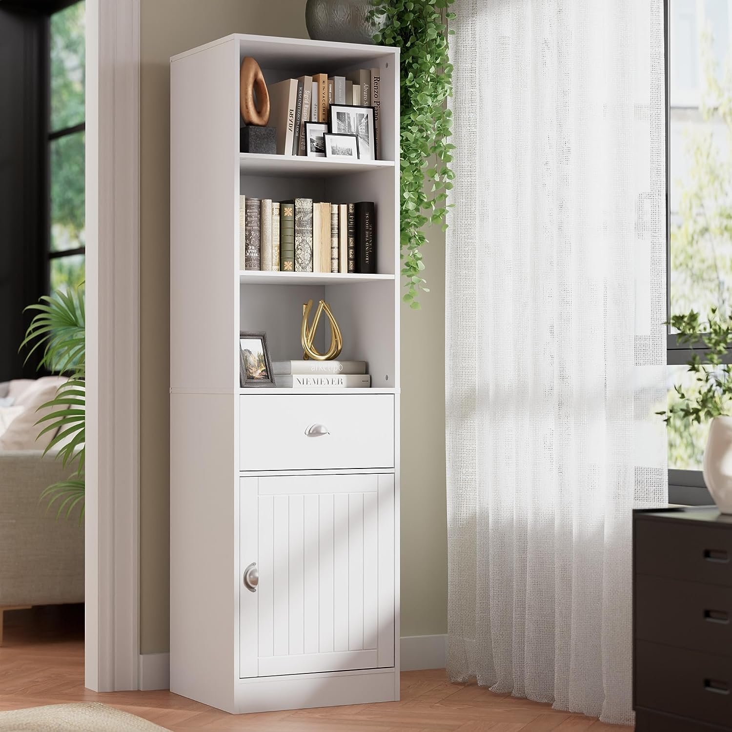 3-Tier Freestanding Tall Bookcase with Door and Drawer, Narrow Bookshelf Display Cabinet