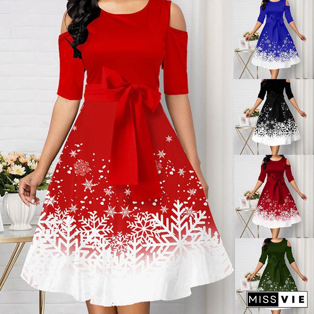 New Arrive Women Belted Snowflake Print Cold Shoulder Round Neck Dress Plus Size Fashion Christmas Party Dress