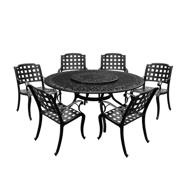 Modern Ornate Outdoor Mesh Aluminum 59in Large Round Patio Dining Set with Lazy Susan and Six Chairs