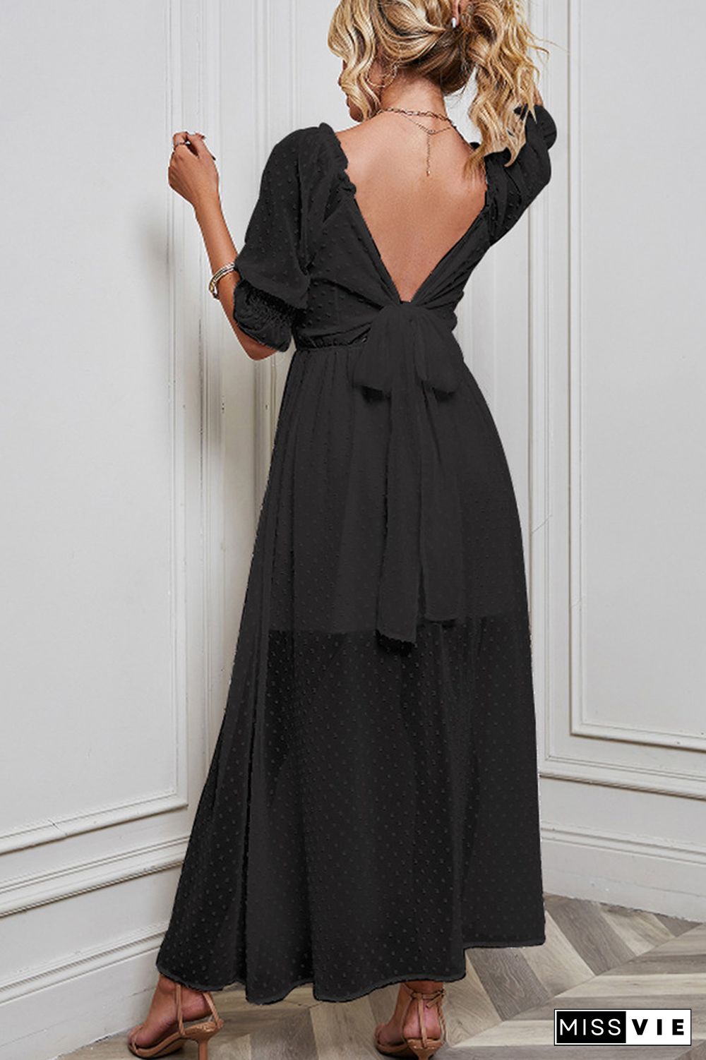 Plain Square Neck Swiss Dot Backless Maxi Dress