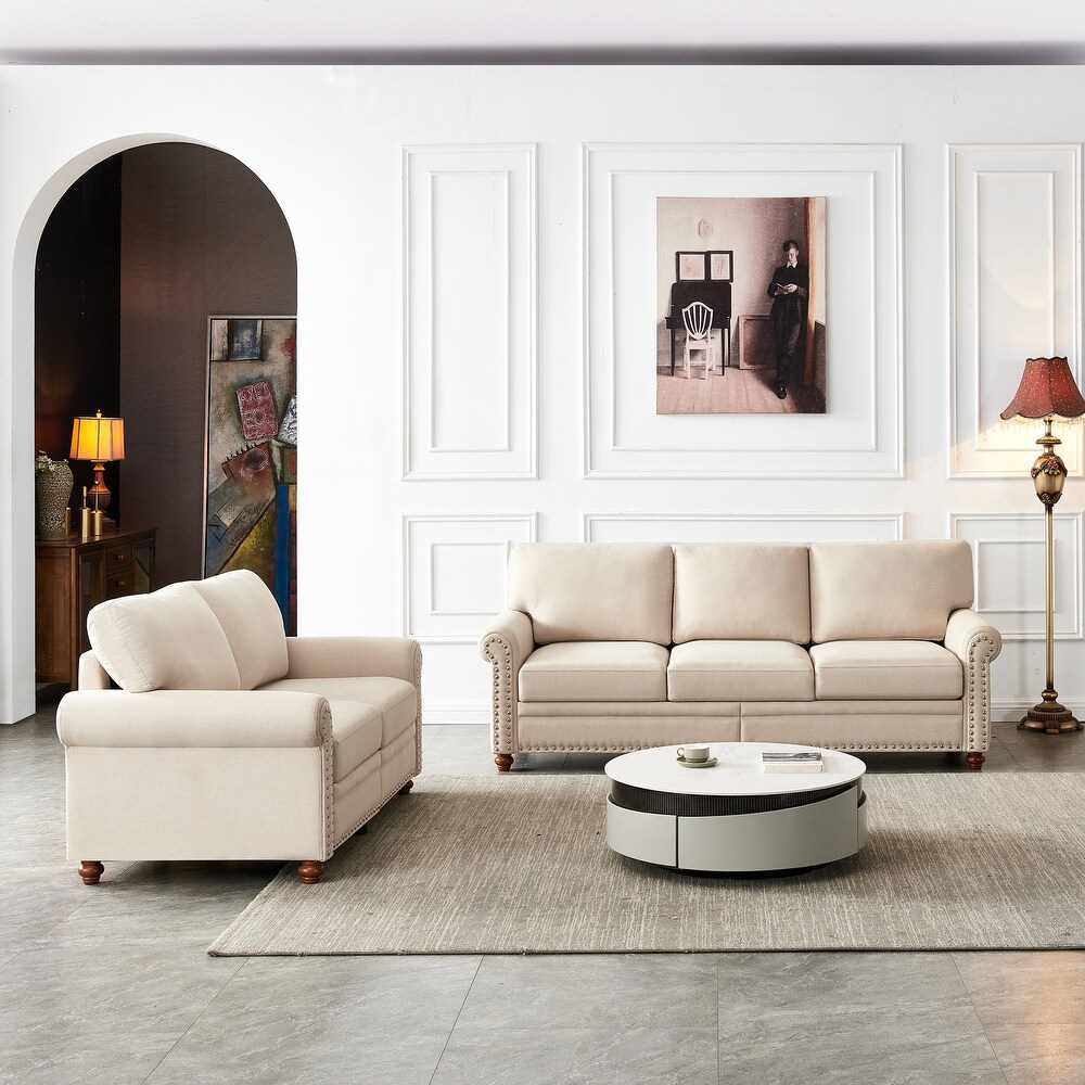 2 Sets Linen Fabric Upholstery with Storage Sofa for Living Room  Apartment  Office  Rolled Arm Sofa  Tufted Back Sofa