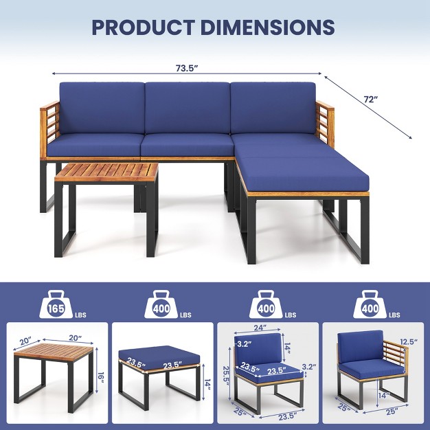 Costway 6pcs Patio Acacia Wood Conversation Sofa Seat Set Ottomans Table Outdoor Navy