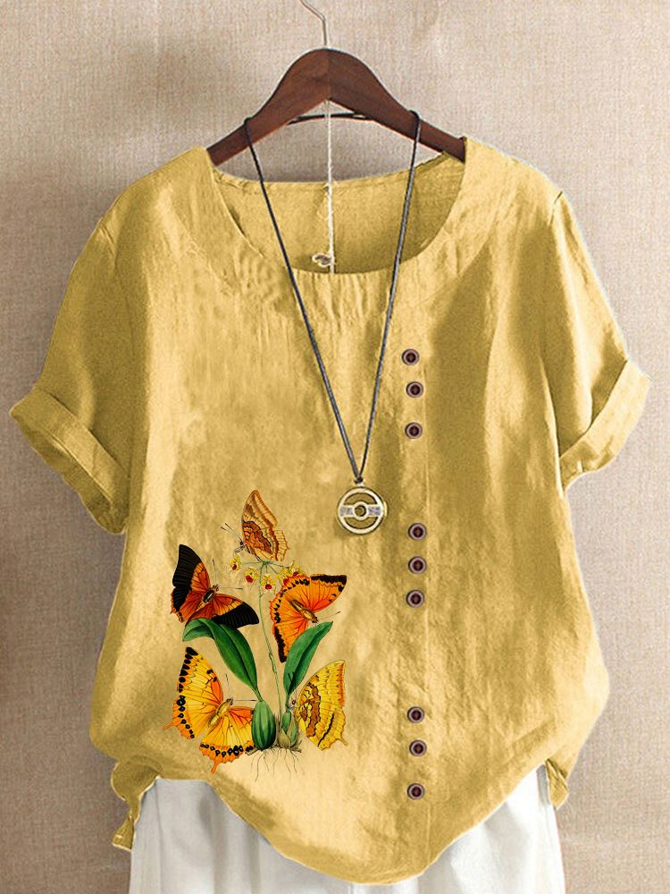 Round Neck Casual Loose Butterfly Short Sleeve Blouse