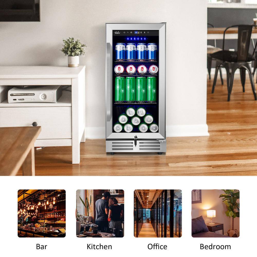 Velivi 15 in. 127 (12 oz.) Can Freestanding Beverage Cooler Fridge with Adjustable Shelves in Stainless Steel KMYL100HD