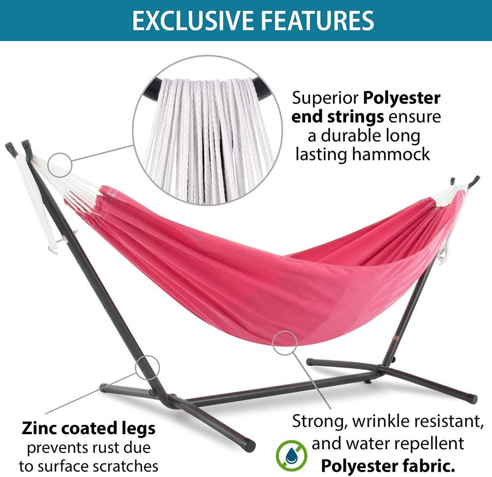 Double Cotton Hammock with Space Saving Steel Stand, Tropical (450 lb Capacity - Premium Carry Bag Included)