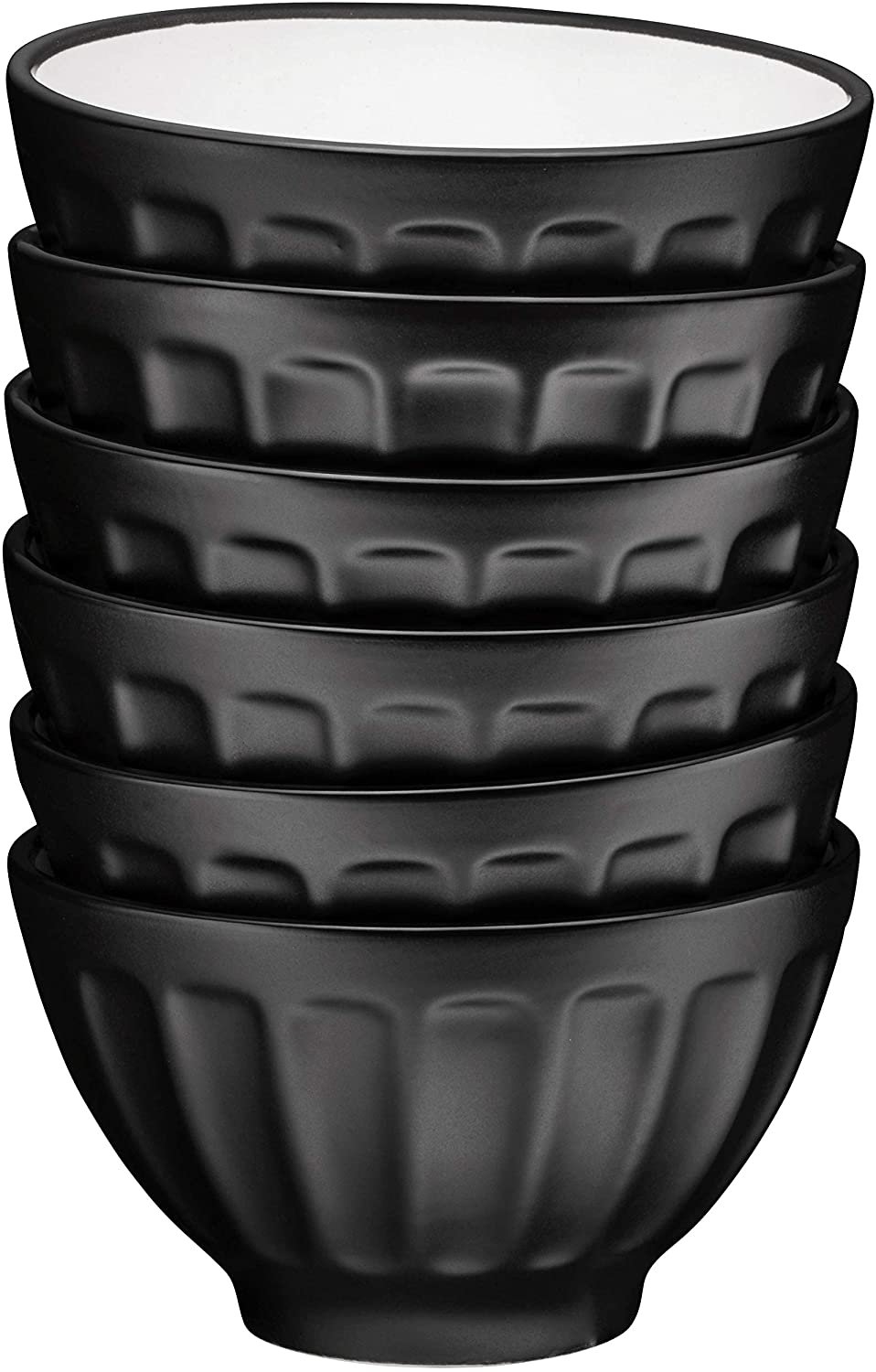 Bruntmor - Ceramic Groove Bowls - Cereal 14oz. Set of 6， Matte Black