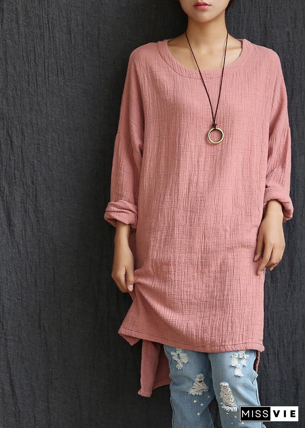 DIY Pink Low High Design U Neck Shirt Tops Spring