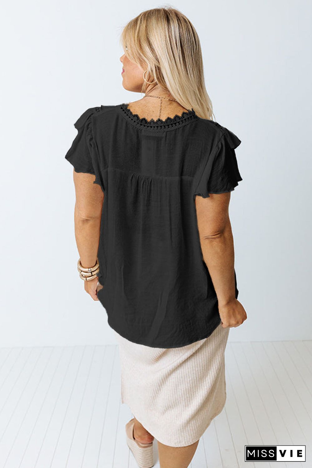 Black Crochet Split V Neck Ruffle Sleeve Plus Size Blouse