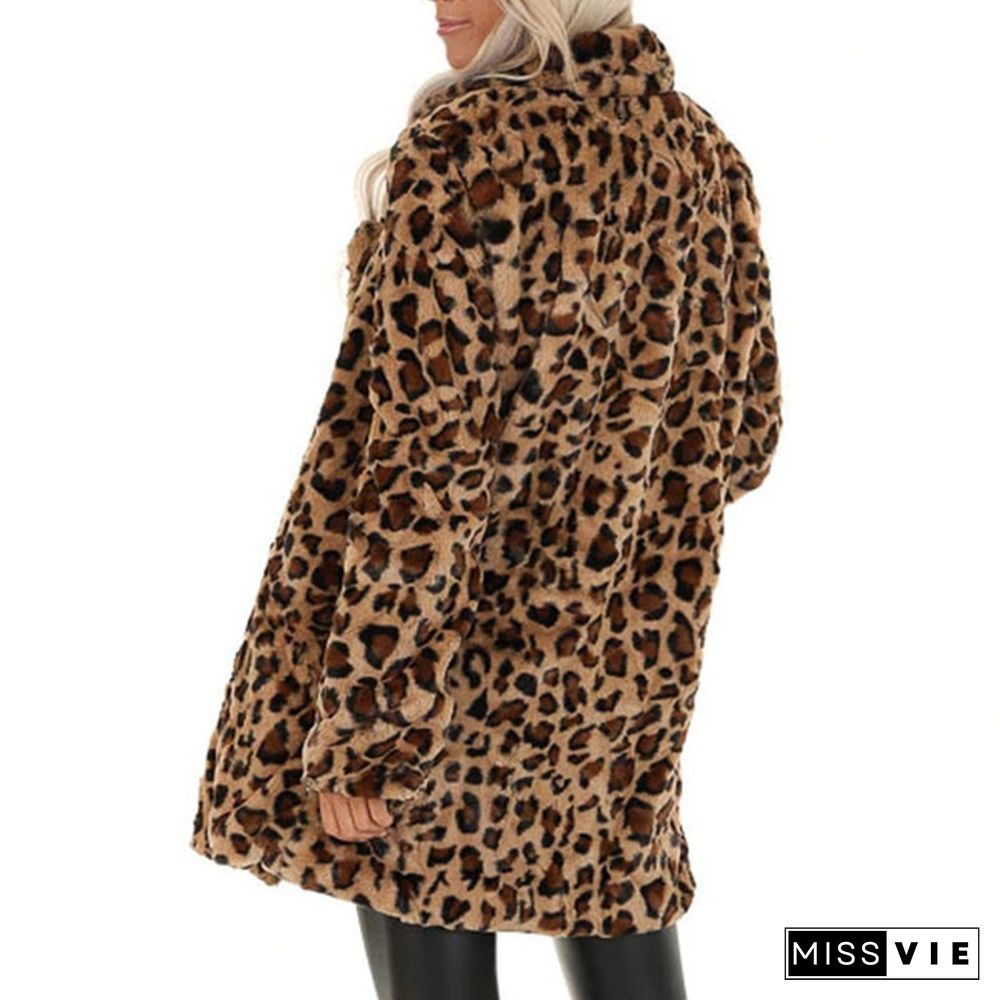 Women's Leopard Warm Coat Long Jackets Faux Fur Pocket Fuzzy Warm Winter Oversized Outwear Long Coat