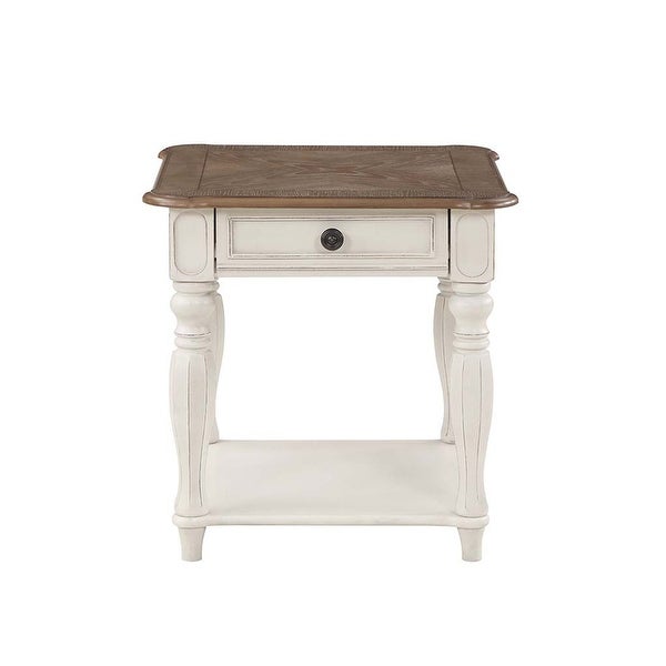 1 Drawer Wooden End Table in Antique White and Oak