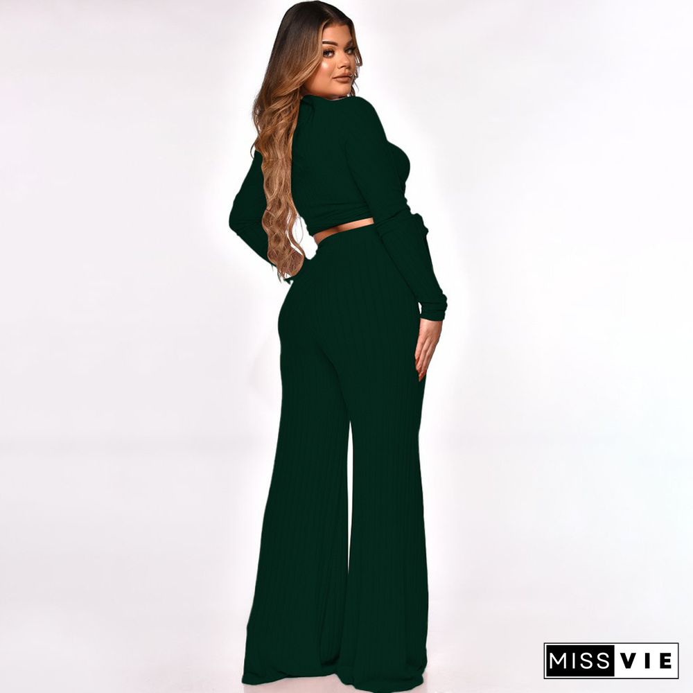 Ribbed Lace Up Crop Tops Wide Leg Pants Set