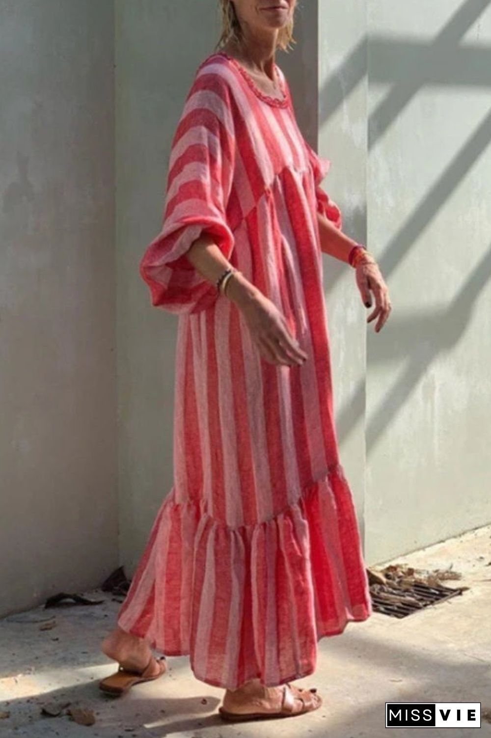 Stripe Square Neck Ruffles Maxi Dress