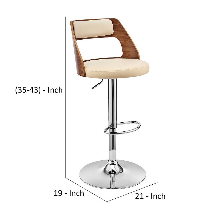 Adjustable Barstool with Open Wooden Back， Cream and Brown