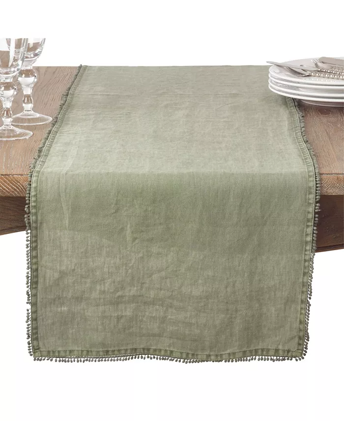 Saro Lifestyle Pom Pom Design Linen Dining Room Table Runner