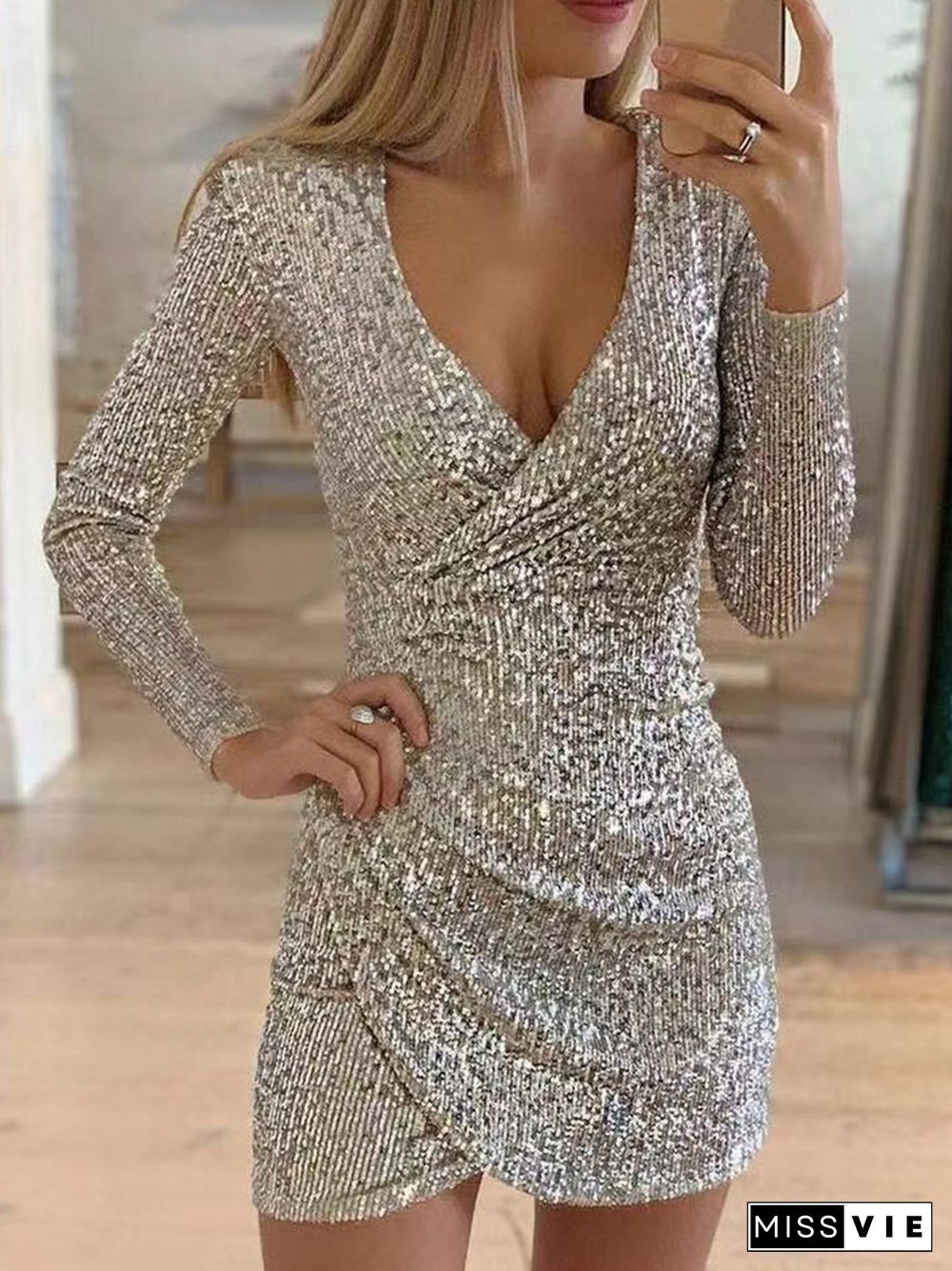 Surplice Wrap Ruched Sequins Bodycon Dress P15728