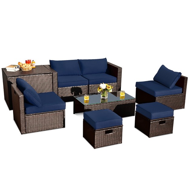 Costway 8pcs Patio Rattan Furniture Set Space saving Storage Cushion Black turquoise navy Cover