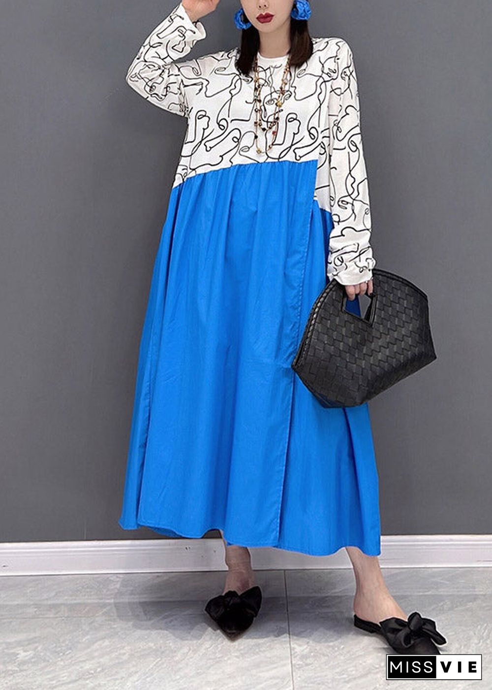 Casual Colorblock O-Neck Print Patchwork holiday Dress Long sleeve