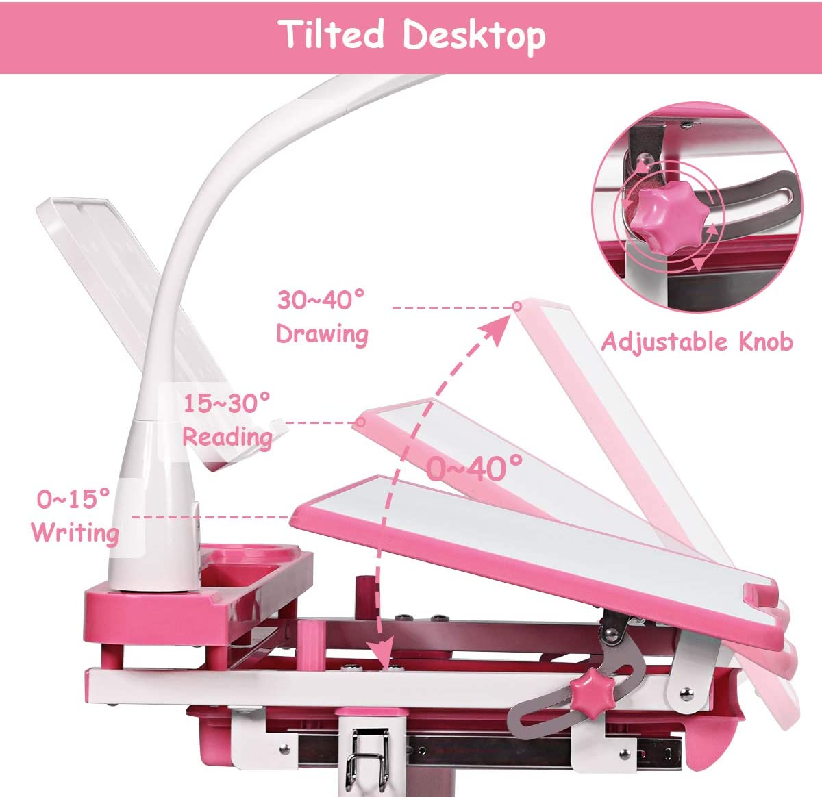 Baby Joy Kids Desk and Chair Set, Height Adjustable Child Desk Set w/LED Lamp, Bookstand, Tilt Desktop, Metal Hook