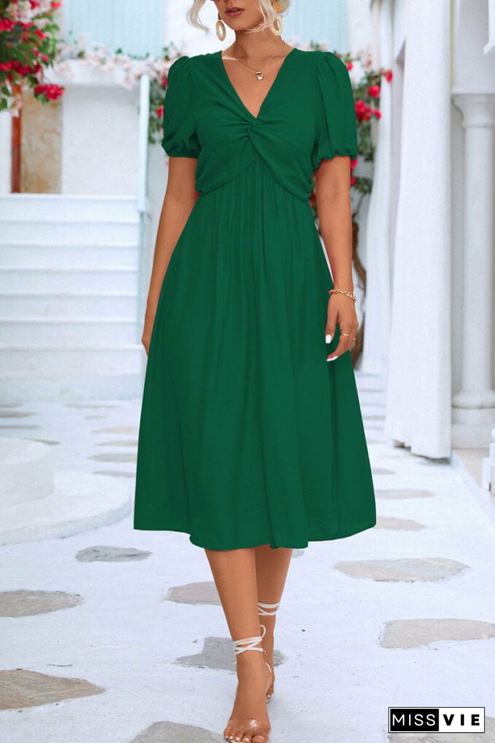 Solid V Neck front twist Midi Dress