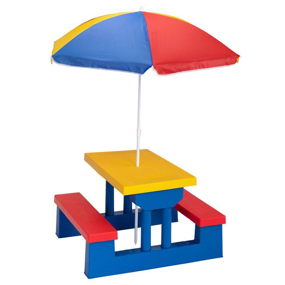 TIRAMISUBEST Yellow Plastic Kids Outdoor Picnic Table Set with Umbrella Kids Activity Play Table with Bench D0XY102HARINY