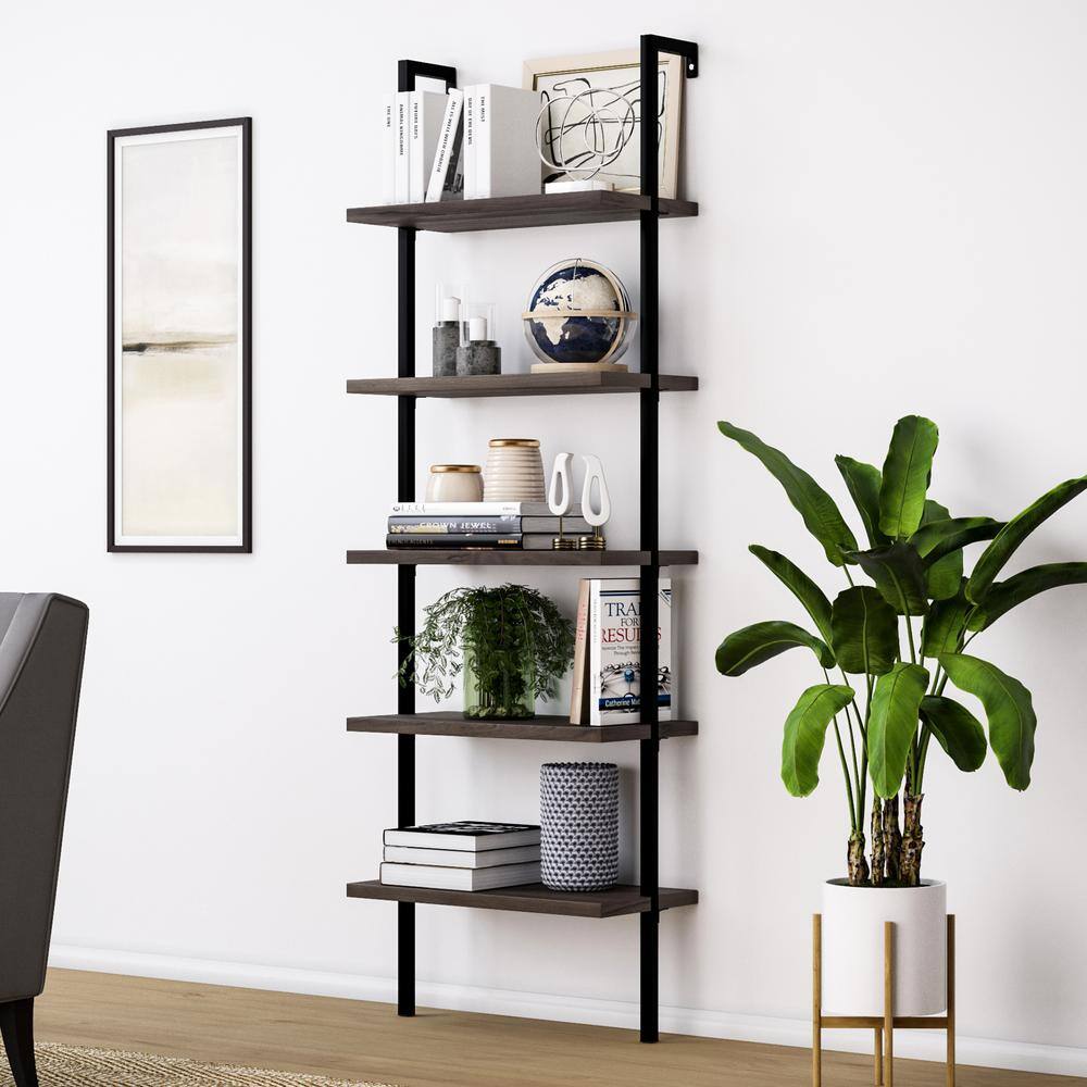 Nathan James Theo Dark Walnut Brown 5-Shelf Ladder Bookcase or Bookshelf with Black Metal Frame 65501