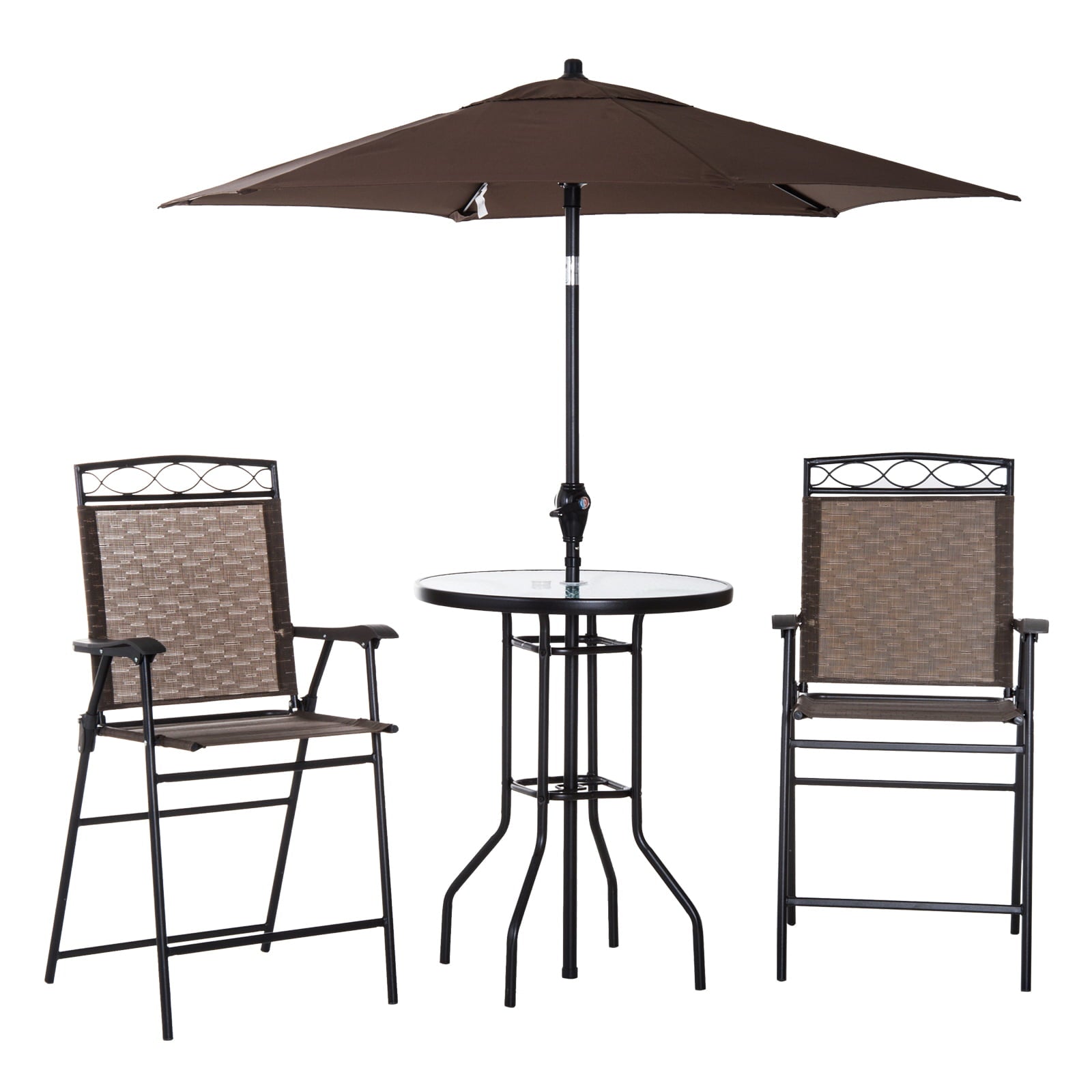 Outsunny 4 Piece Outdoor Patio Dining Furniture Set, 2 Folding Chairs, Adjustable Angle Umbrella, Wave Textured Tempered Glass Dinner Table, Brown