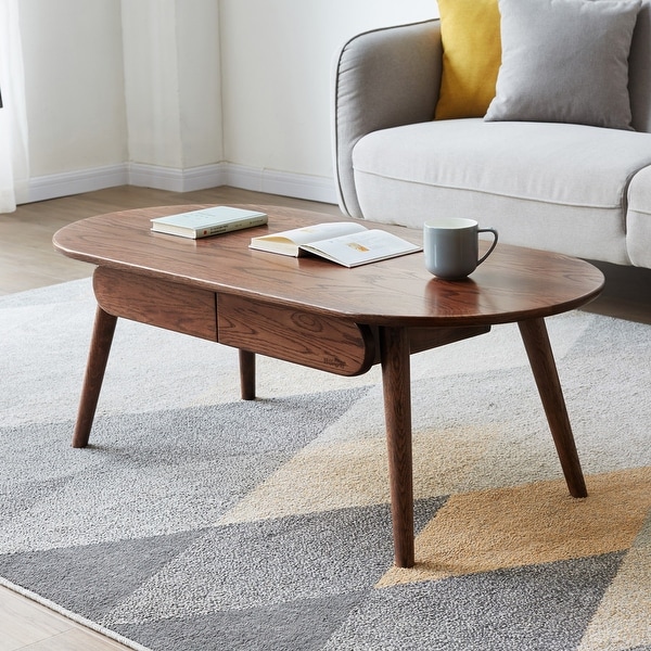 Capsule Centre Solid Oak Table with Drawers， Solid Wood Coffee Table Easy to Assemble Natural for Living room