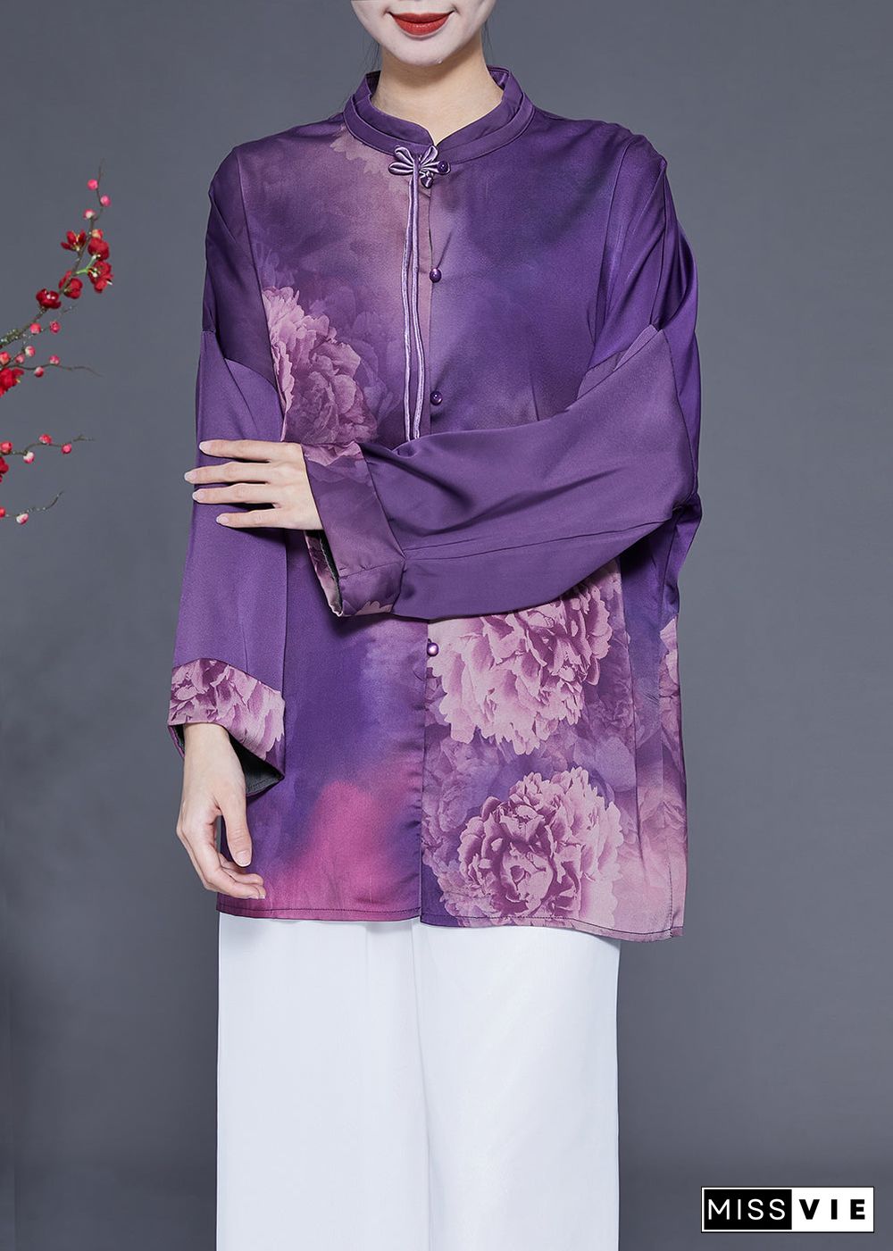 Handmade Purple Stand Collar Tassel Print Silk Shirts Spring