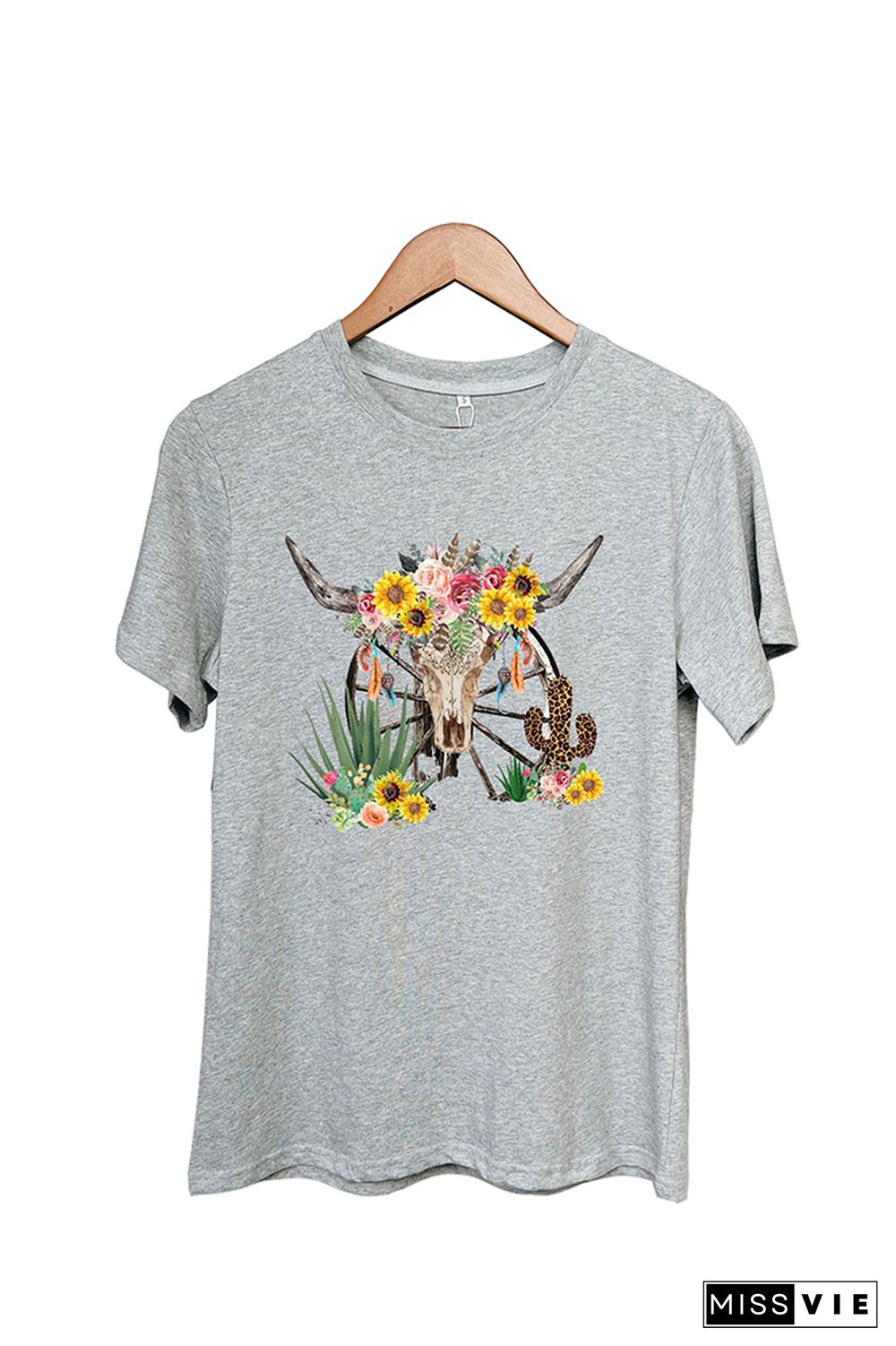 Wastern Cactuswith Rustic Cow Skull Short Sleeve Graphic Tee Wholesale