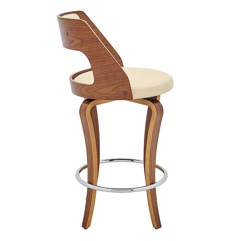 25 Inch Swivel Counter Stool Vegan Faux Leather， Walnut Wood Legs， Cream