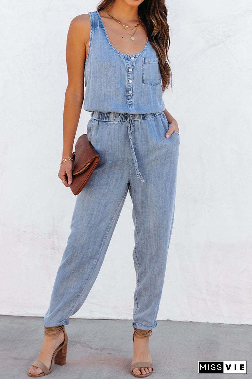 Sleeveless Denim One Piece Jumpsuit